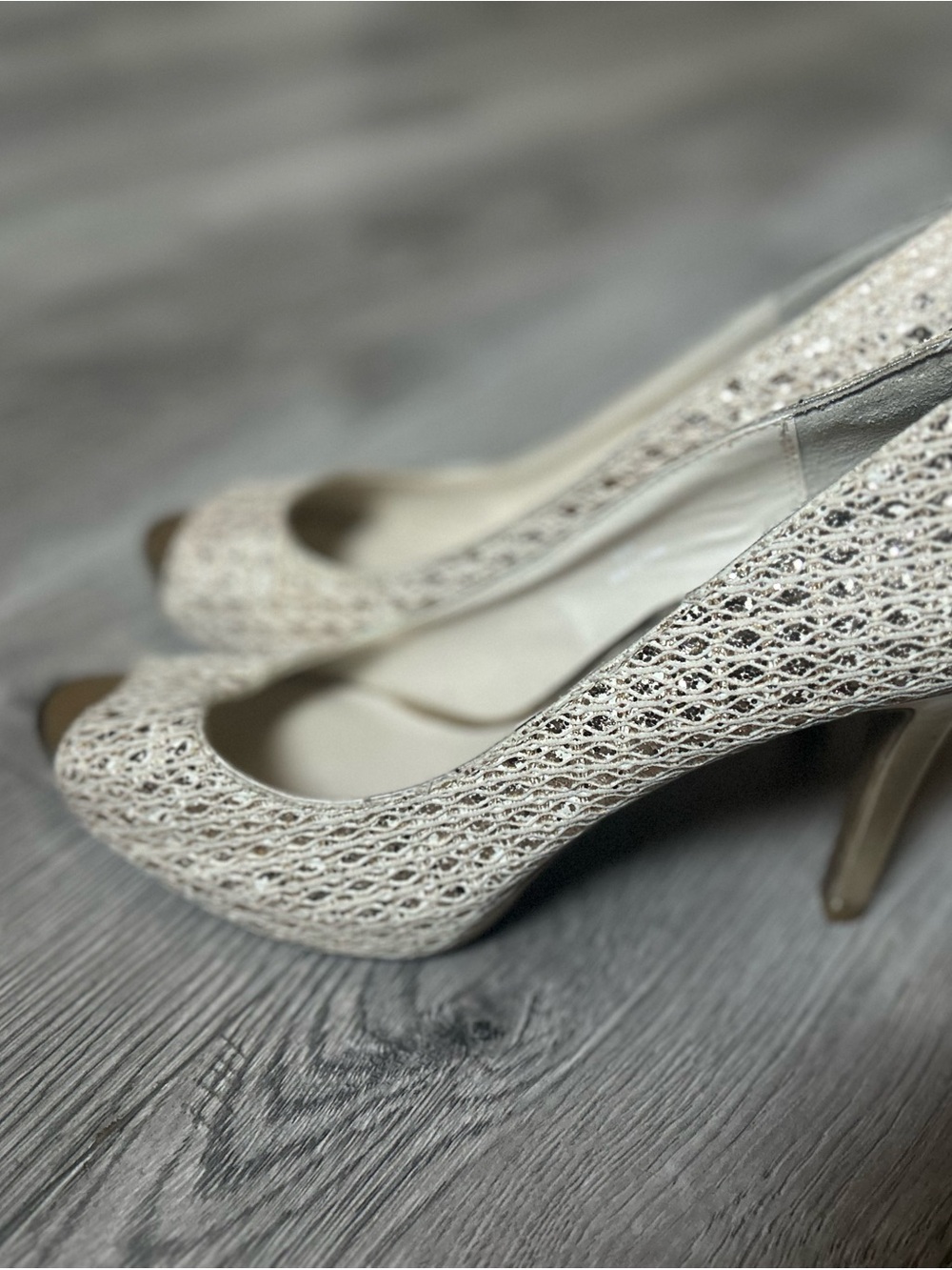 Audrey Brooke Cream Lace Open-Toe Heels